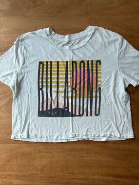 Billabong Bluish-Off-White Crop Tee with Yellow Striped Sunset Graphic